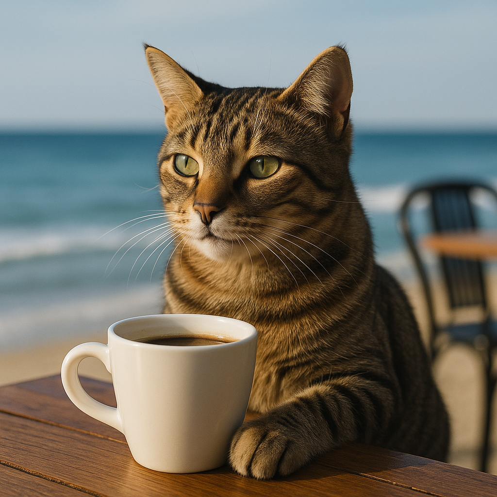 海辺のカフェ猫フォト